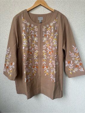 Susan Graver Embroidered Floral Jacket 1XP Boho Taupe Linen Blend, NWT